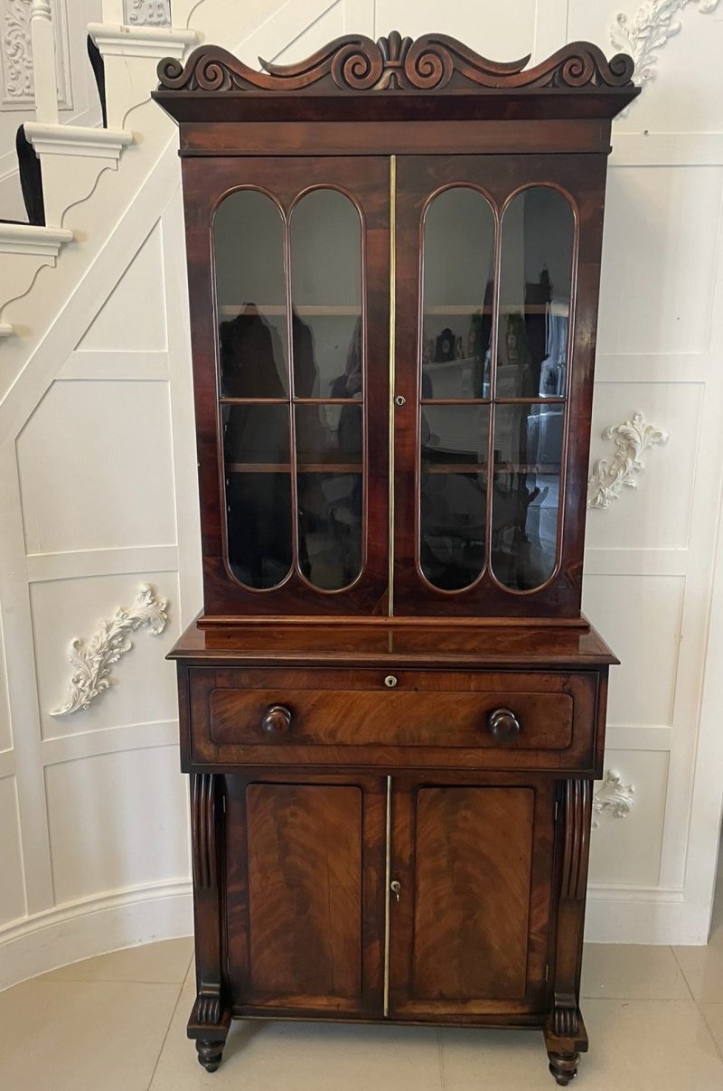 Small Antique Regency Quality Figured Mahogany Secretaire Bookcase